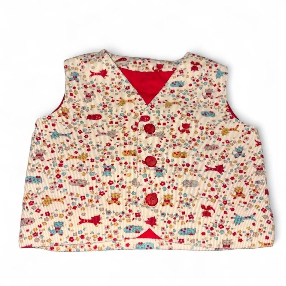 Vintage 90s Corduroy Toddler Vest 2T 3T Kitten Cat Floral Red Quilted Back Kid
